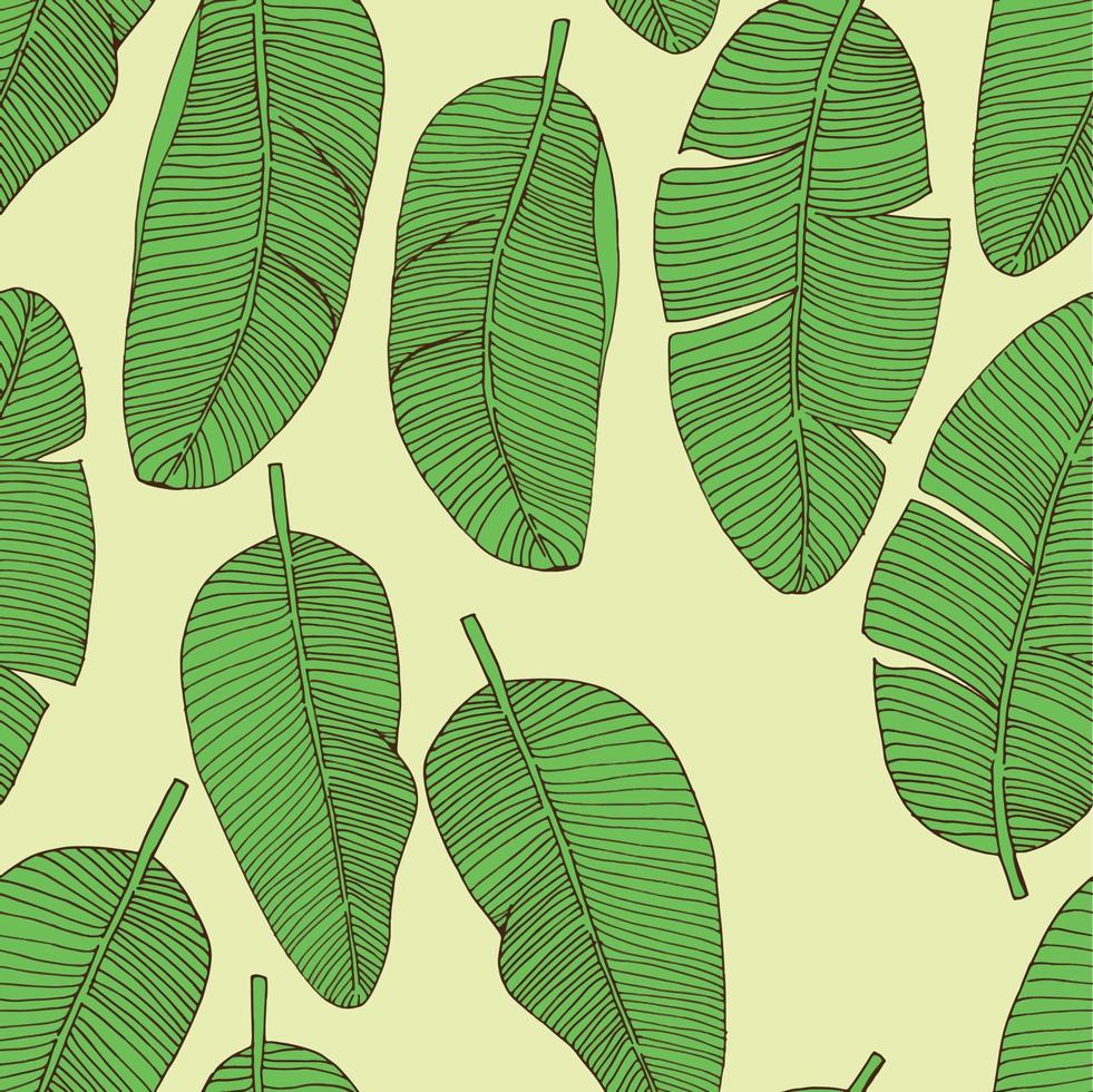 nahtlose Muster grüne Bananenblätter isoliert auf gelbem Hintergrund. stock illustration im pop-art-stil. tropisches Palmblatt-Hintergrundbild-Design vektor