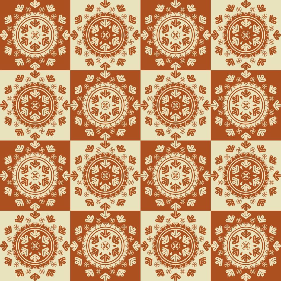 Ethno-Stammes-braune cremefarbene geometrische Blumenform Patchwork karierter nahtloser Musterhintergrund. Verwendung für Stoffe, Textilien, Innendekorationselemente, Polster, Verpackungen. vektor
