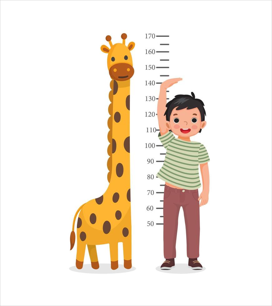 süßer kleiner junge, der die höhe seines wachstums auf dem hintergrund der wand mit giraffe misst vektor