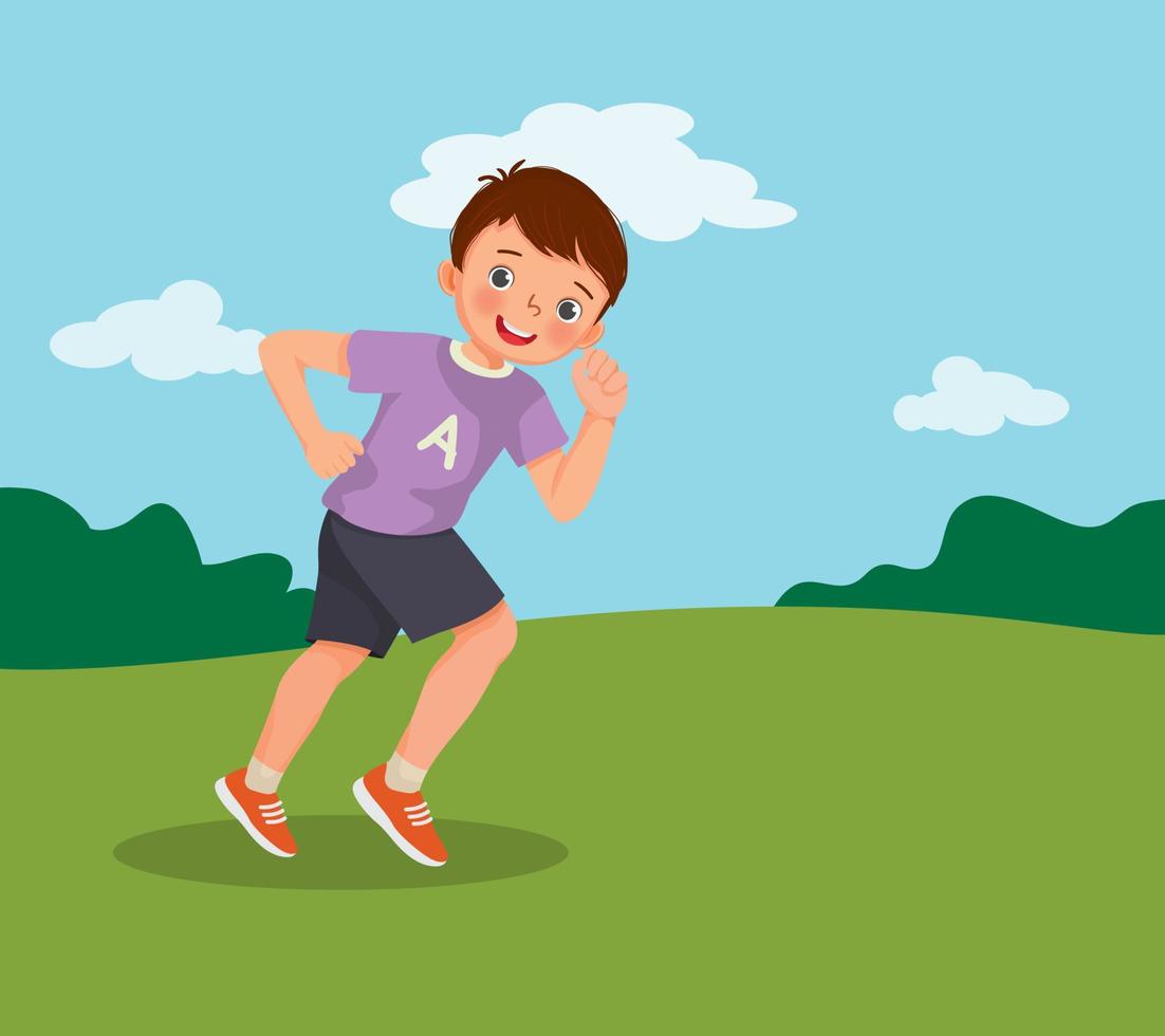 söt liten pojke springer jogging på parken på sommaren vektor
