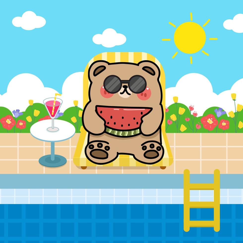 zeichentrickfigur bär isst wassermelone und ruht sich auf stuhl am schwimmbad aus, flacher illustrationsvektor vektor