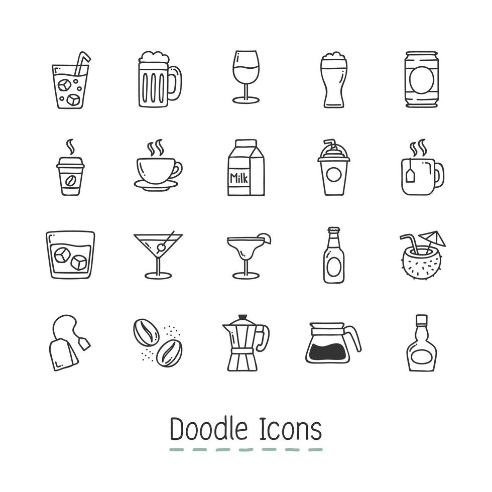 doodle drycker ikoner set vektor