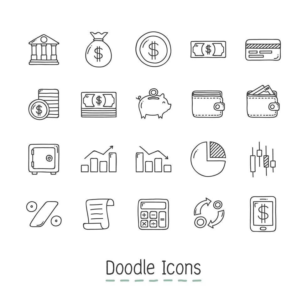 doodle finansiella ikoner set vektor