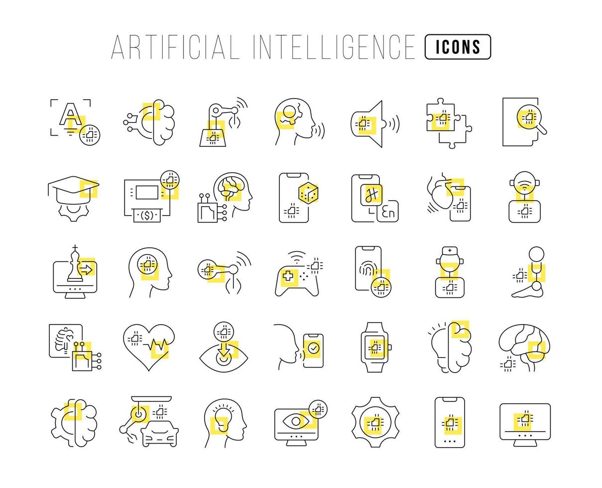 uppsättning linjära ikoner för artificiell intelligens vektor