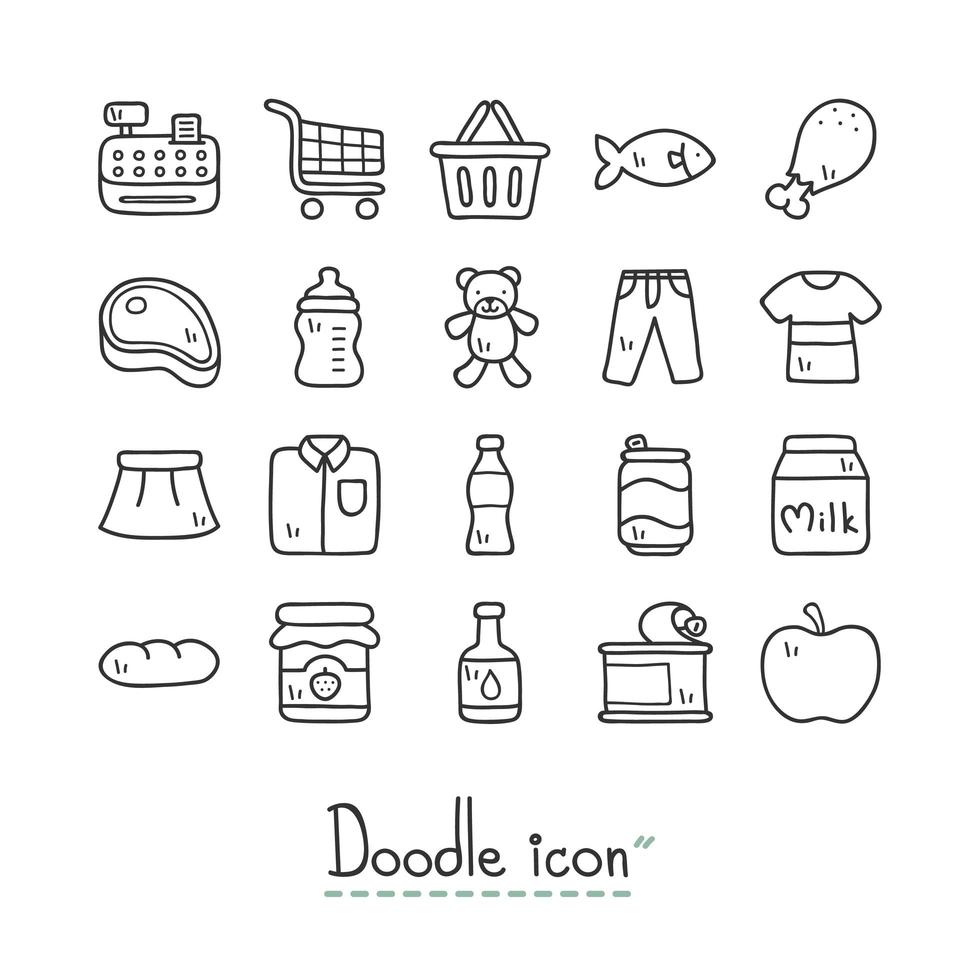 Supermarkt Doodle Icon Set vektor