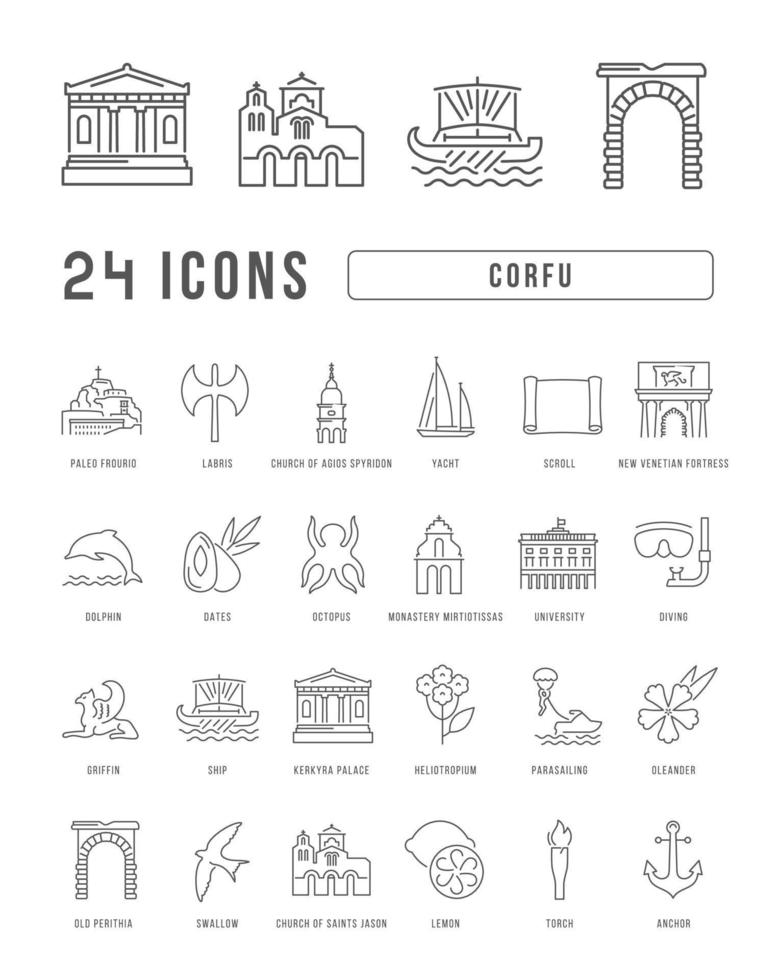 uppsättning linjära ikoner av Korfu vektor