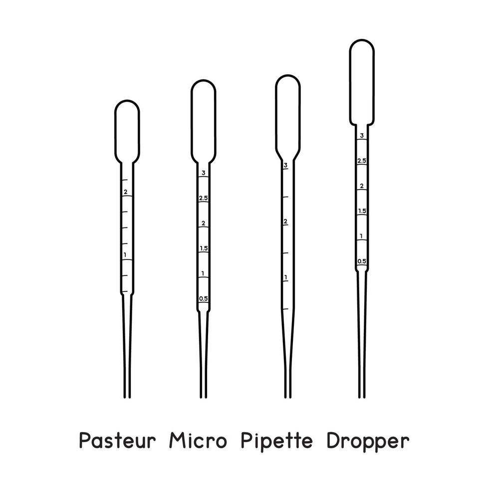 graduiertes, steriles Einweg-Pasteur-Mikropipettendiagramm aus Kunststoff für die Umrissvektorillustration des Versuchsaufbaus vektor