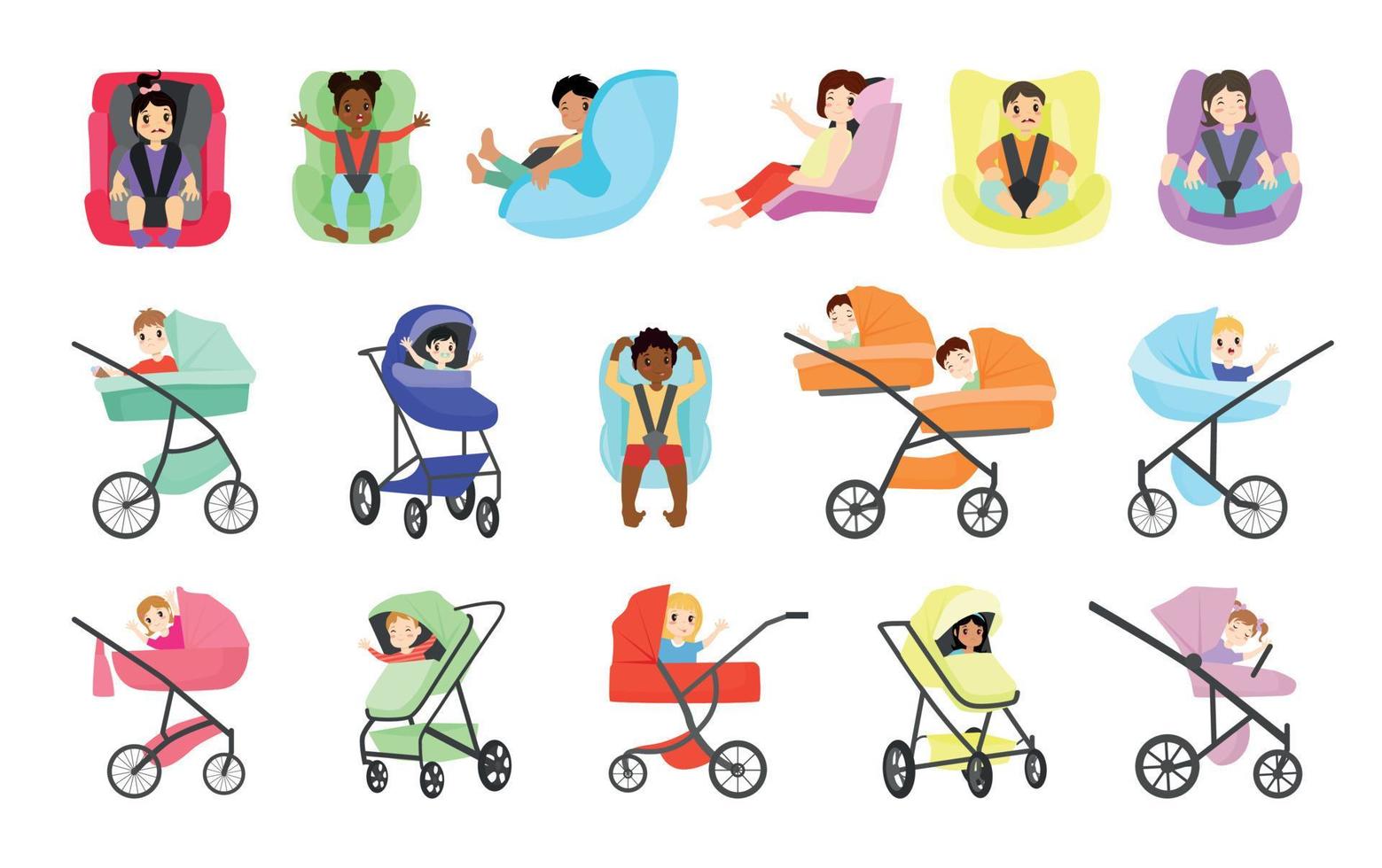småbarn i barnvagnar och bilbarnstolar vektor