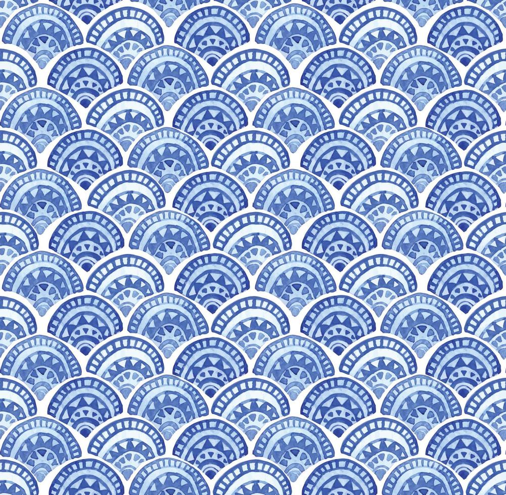 akvarell seamless mönster. blå orientalisk prydnad, fiskfjäll. marockanska kakel. autentisk handteckning vektor