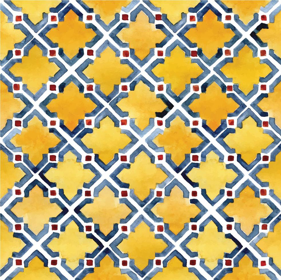 Aquarell Musterdesign. marokkanische, türkische Muster, orientalische Muster. farbige Kacheln in Gelb, Blau und Rot. vektor