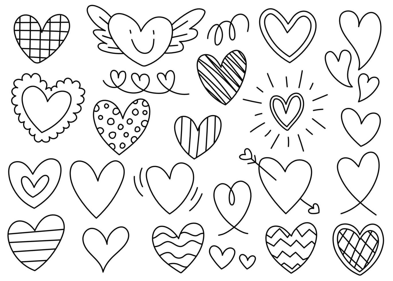 sött hjärta element dekoration alla hjärtans dag kärlek romantisk svart linje kontur form klotter tecknad hand ritning skiss vektor illustration pack set bunt samling