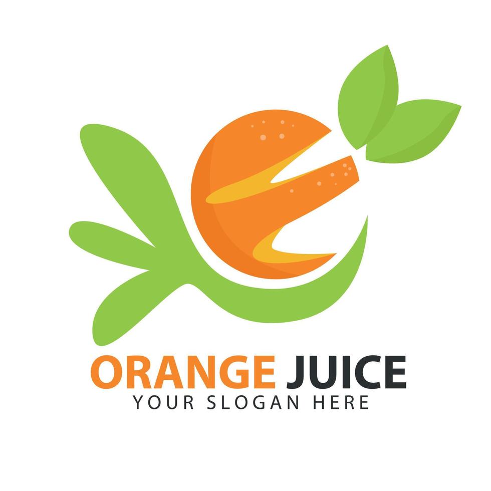 Vektor geschnittenes Orangenfrucht-Logo mit grünem Blattwickel.