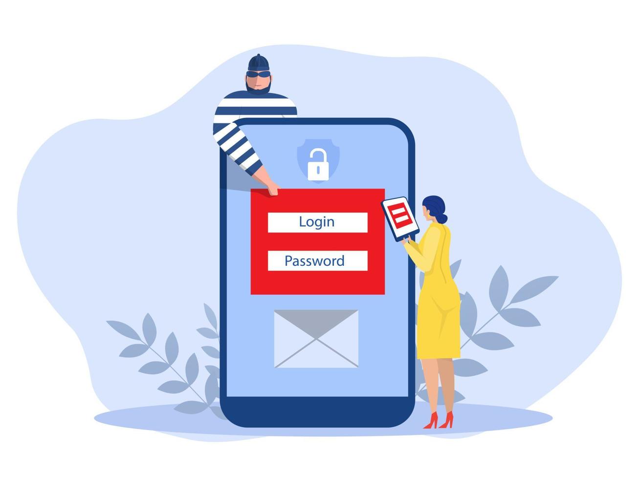 Hacker stehlen Benutzername und Passwort. Phishing und Bankbetrug.Cyber-Sicherheitswarnung auf dem Smartphone. flache Abbildung Vektor-Illustration. vektor