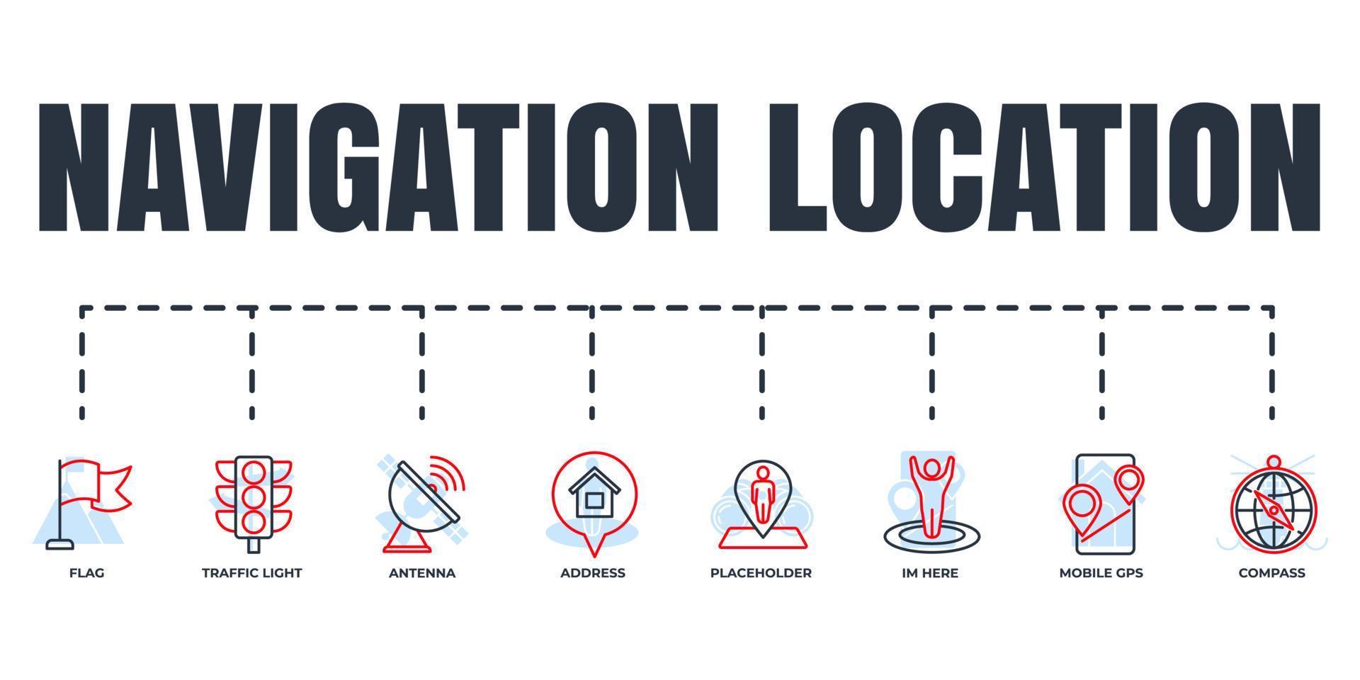 Navigation, Web-Icon-Set für Standortbanner. adresse, flagge, ampel, ich bin hier, mobiles gps, kompass, platzhalter, antennenvektorillustrationskonzept. vektor