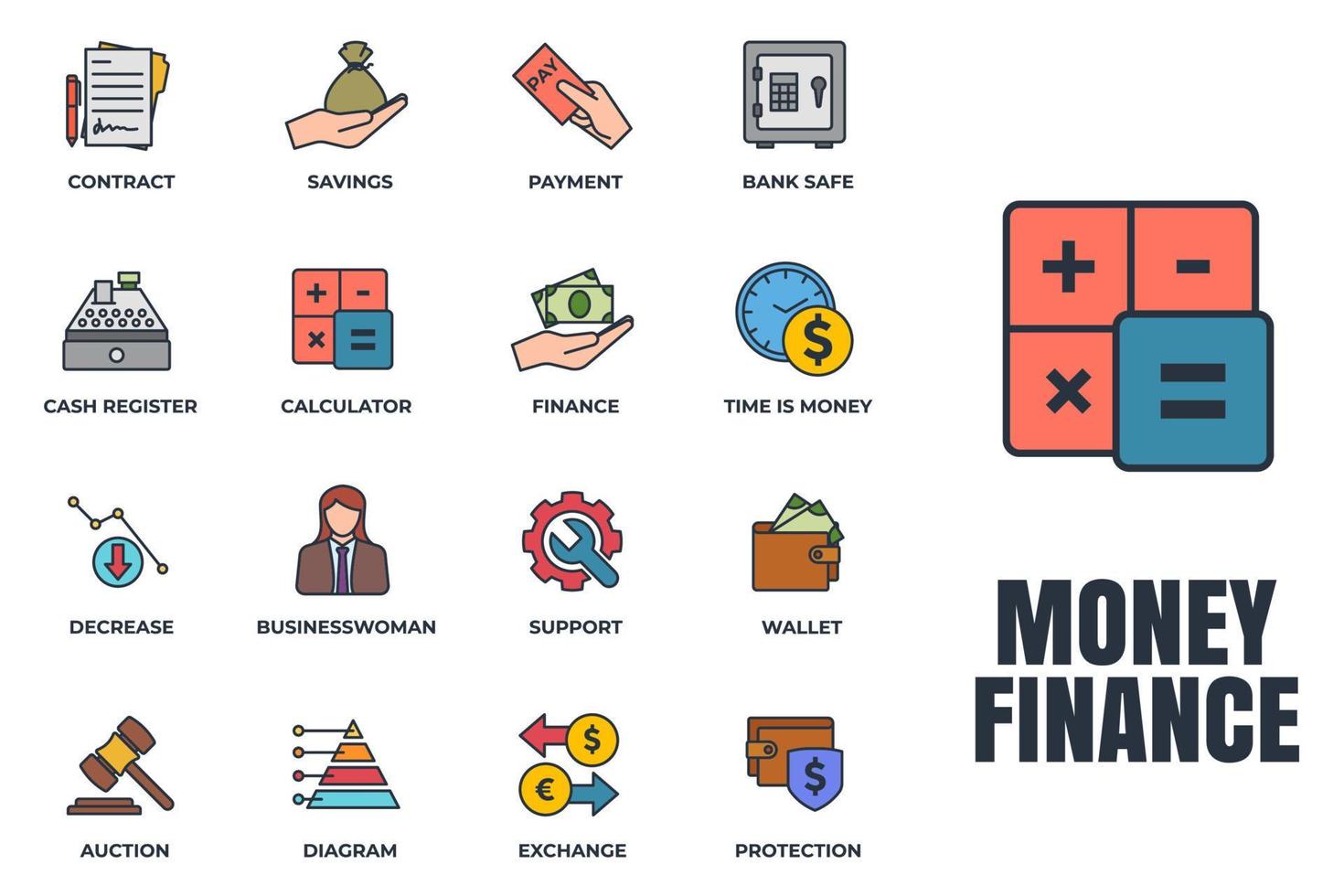 uppsättning pengar finans ikon logotyp vektorillustration. finans pack symbol mall för grafisk och webbdesign samling. plånbok, kassaapparat, auktion, minskning med mera vektor
