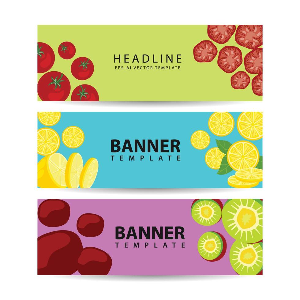 tre horisontella banderoller med färgglada kompositioner av hela och hackade färska grönsaker och frukter vektor