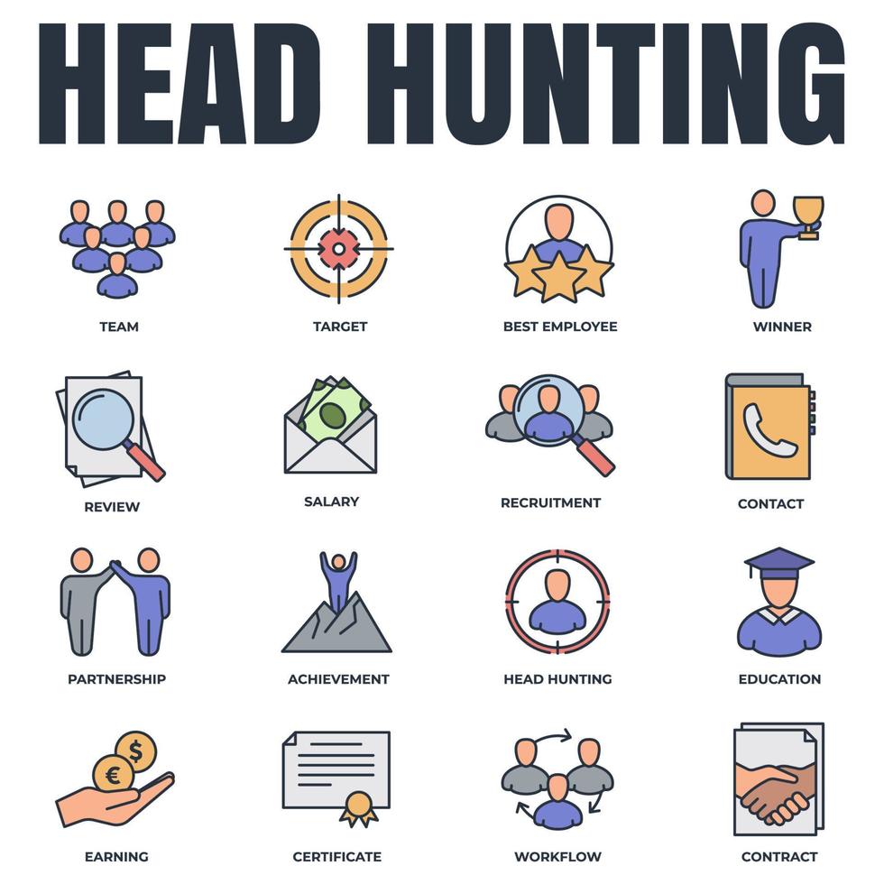 uppsättning av head hunting, utbildning, rekrytering, lön, prestation och mer ikon logotyp vektorillustration. rekrytering pack symbol mall för grafisk och webbdesign samling vektor