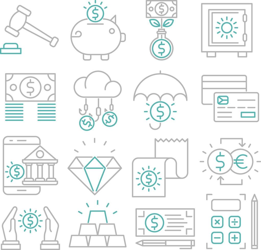 Reihe von Vektorsymbolen im Zusammenhang mit Bankgeschäften. enthält Symbole wie Investitionen, Gold, Darlehen, Geld, Ersparnisse und mehr vektor