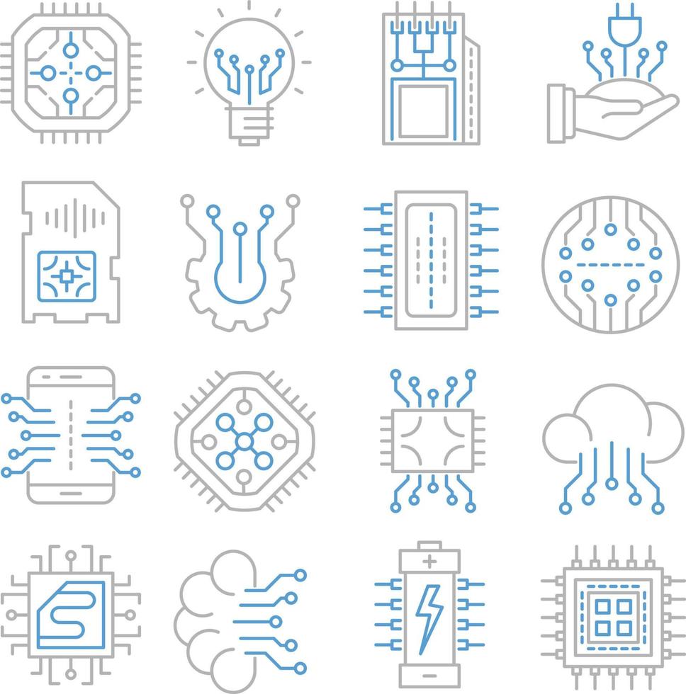 Reihe von Vektorsymbolen im Zusammenhang mit Elektronik. enthält Symbole wie Cloud-Technologie, elektronische Komponenten, abstrakte Tafeln und mehr. vektor