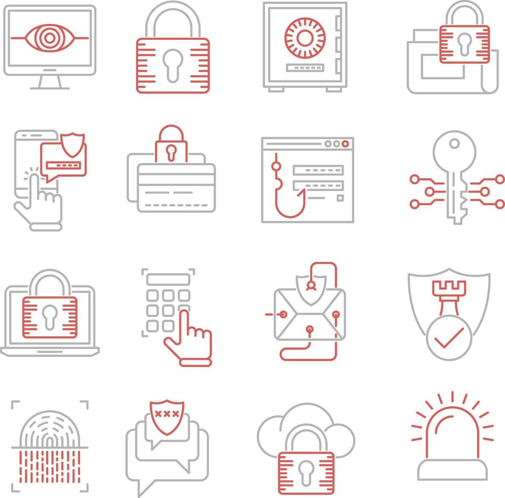 Reihe von Vektorsymbolen im Zusammenhang mit der Sicherheit. enthält Symbole wie Fingerabdruckscanner, Passwortangeln, sicheres System und mehr. vektor