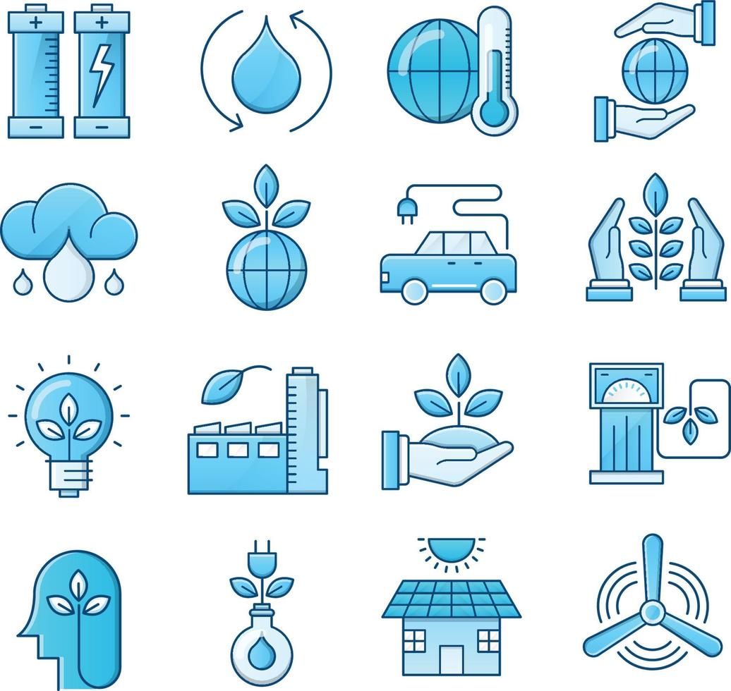 Reihe von Vektorsymbolen im Zusammenhang mit Ökologie. enthält Symbole wie Elektrotransport, Ökohaus, saubere Energie und mehr. vektor