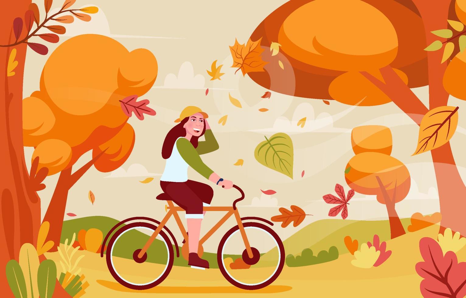 en glad tjej cyklar och tittar på fallande löv under hösten vektor