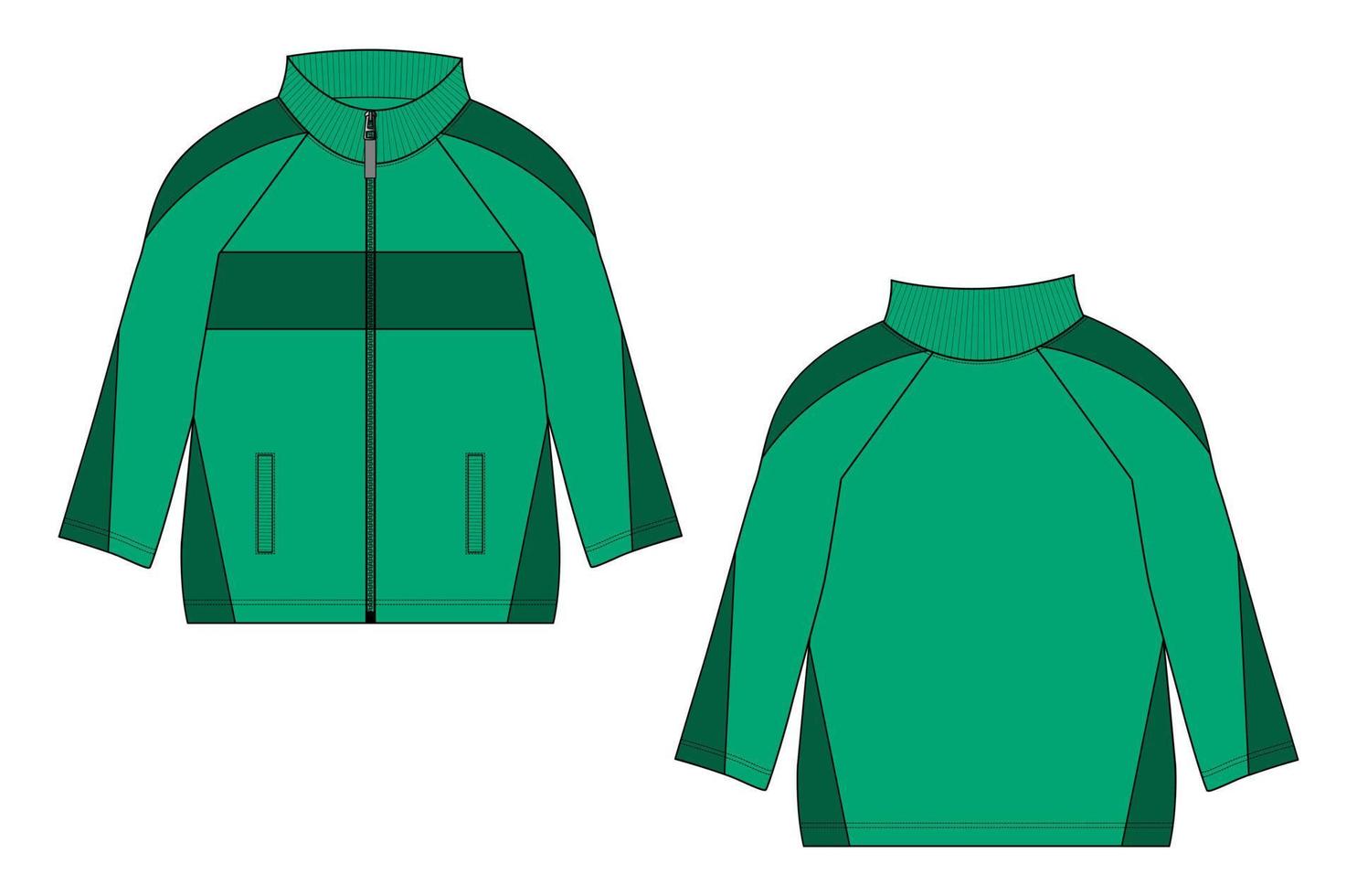 långärmad jacka med ficka och dragkedja teknisk mode platt skiss vektor illustration mall fram- och baksida.