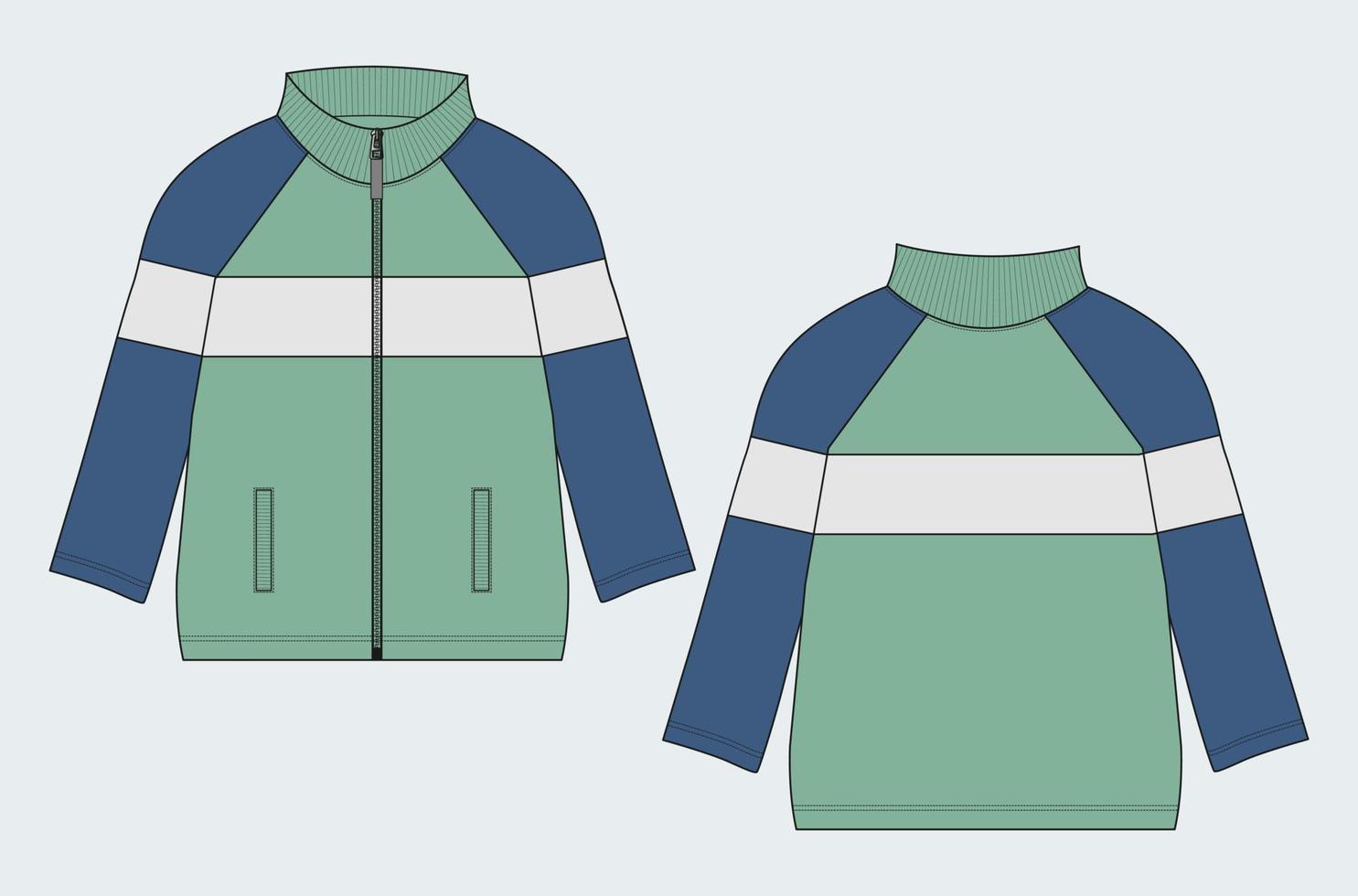 Langarmjacke mit Tasche und Reißverschluss Technische Mode flache Skizzenvektorillustrationsschablone Vorder- und Rückansichten. vektor