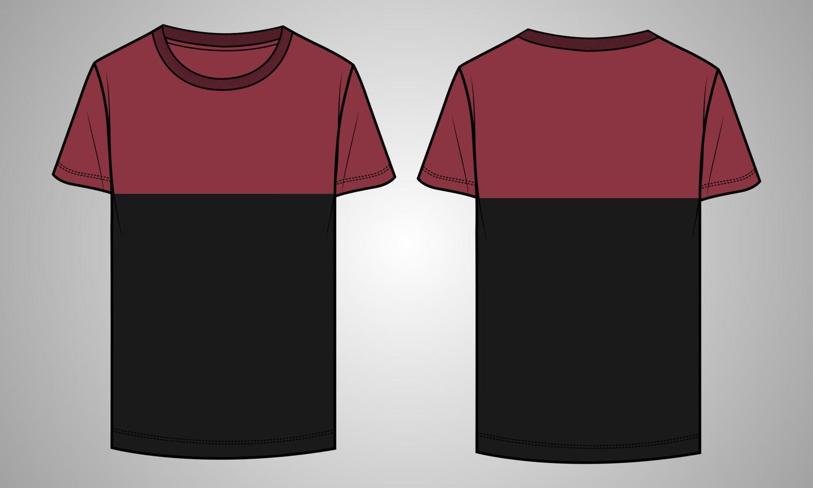 zweifarbig mit Brustschnitt und Kurzarm-T-Shirt-Vektorillustrationsvorlage Vorder- und Rückansicht vektor