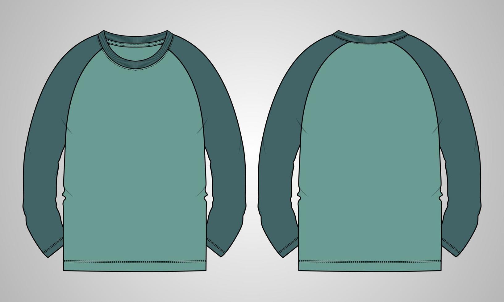 Langärmliges Raglan-T-Shirt technische Mode flache Skizzenvektor-Illustrationsschablonenvorderseite, hintere Ansichten lokalisiert auf grauem Hintergrund. Regular Fit Basic Bekleidungsdesign Mock-up. vektor