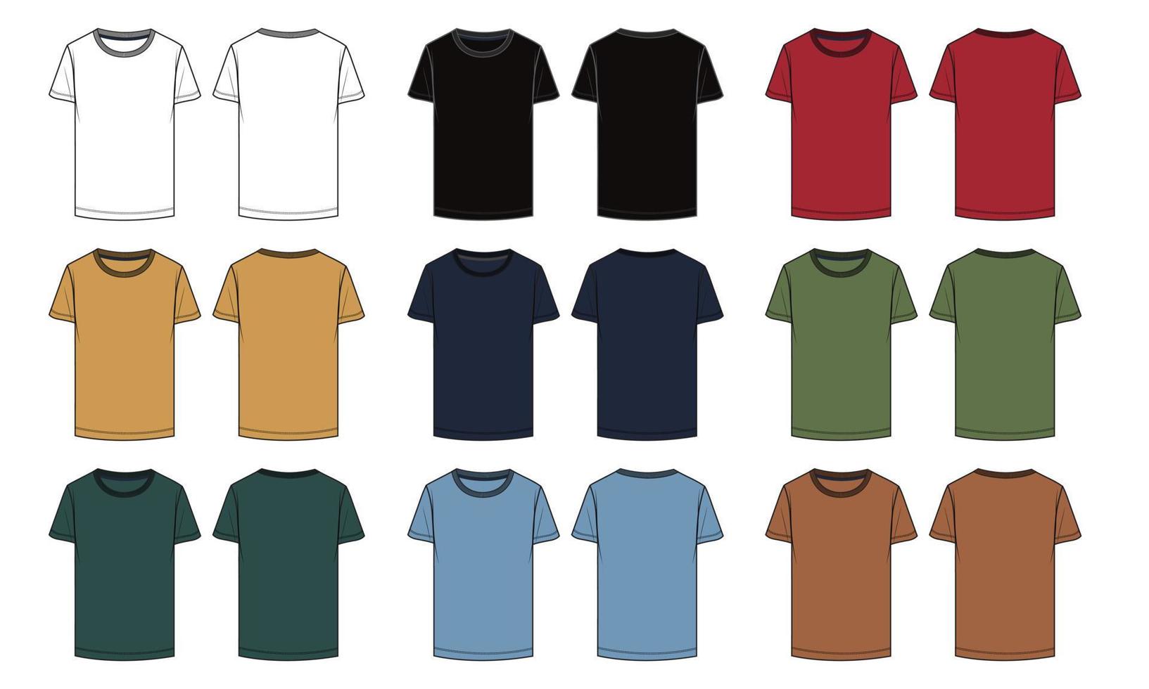 mehrfarbiges Kurzarm-T-Shirt technische Modewohnungen skizzieren Vektorillustrationsvorlage für Herren und Jungen. vektor