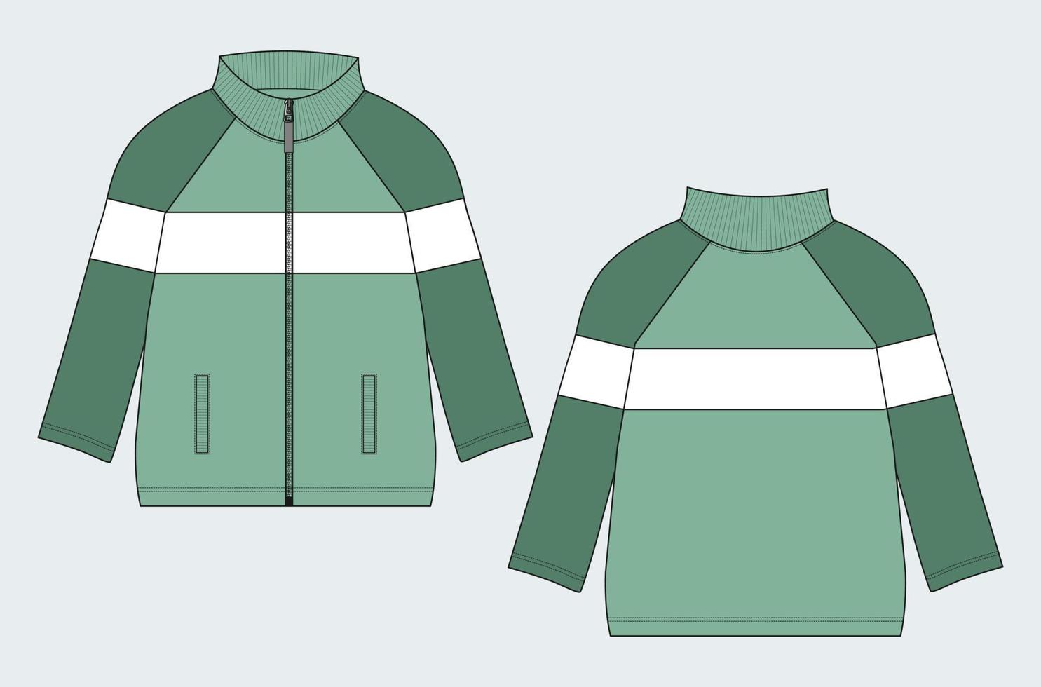 långärmad jacka med ficka och dragkedja teknisk mode platt skiss vektor illustration mall fram- och baksida.