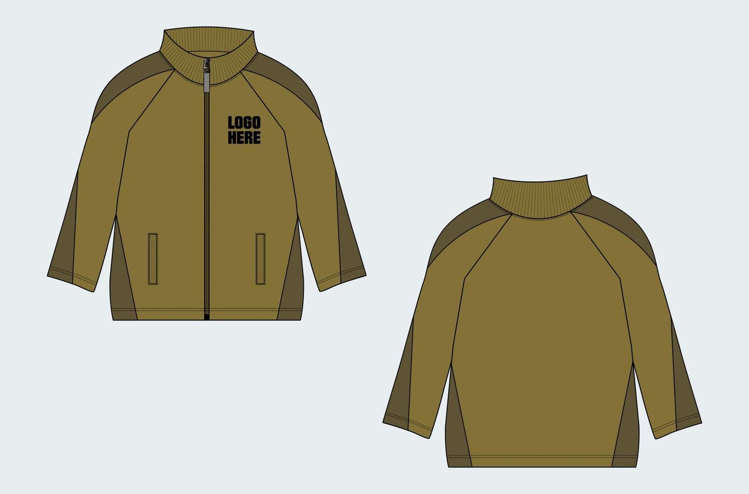 Langarmjacke mit Tasche und Reißverschluss Technische Mode flache Skizzenvektorillustrationsschablone Vorder- und Rückansichten. vektor