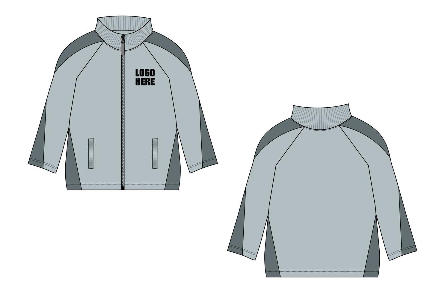 Langarmjacke mit Tasche und Reißverschluss Technische Mode flache Skizzenvektorillustrationsschablone Vorder- und Rückansichten. vektor