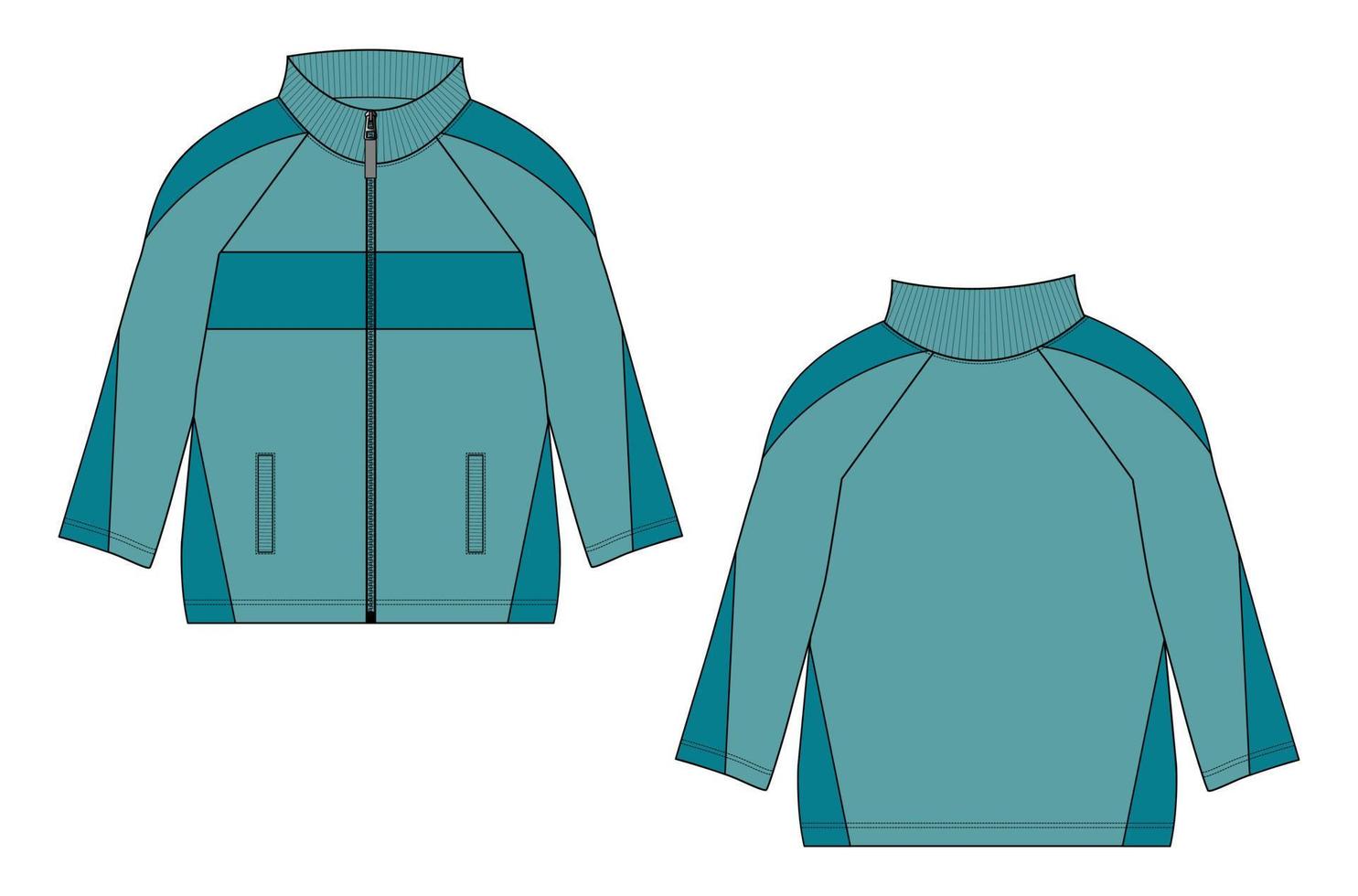 Langarmjacke mit Tasche und Reißverschluss Technische Mode flache Skizzenvektorillustrationsschablone Vorder- und Rückansichten. vektor