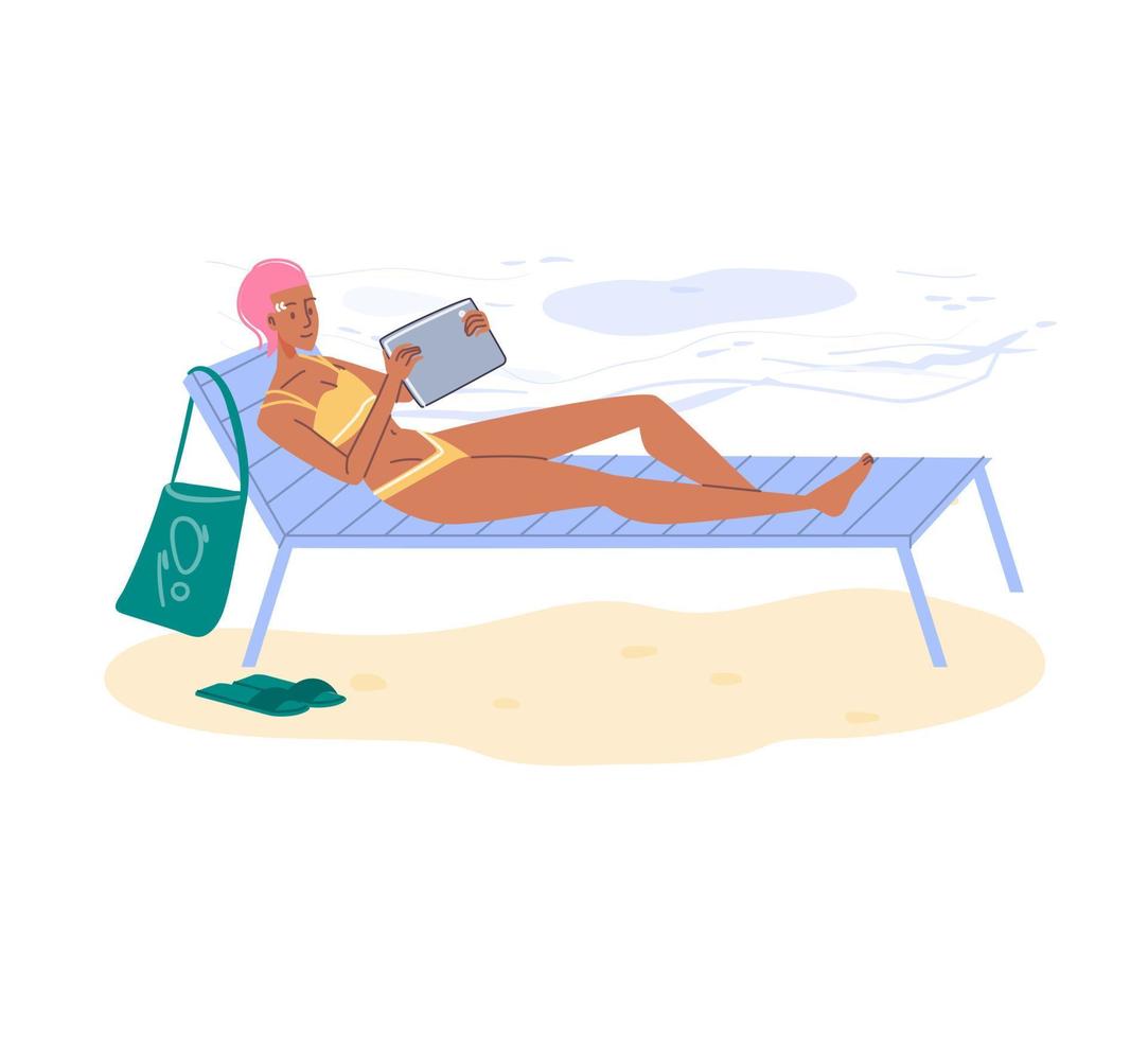 platt seriefigur som surfar på internet på resor semester, vektor illustration koncept