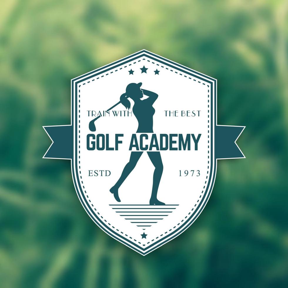 Vintage-Emblem der Golfakademie, Abzeichen mit schwingendem Golfschläger des Mädchens, Vektorillustration vektor