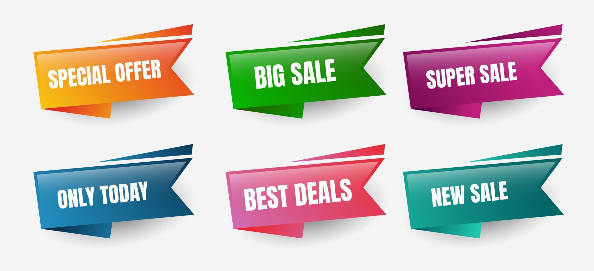 försäljning tag etikett, online shopping webb banners. försäljning emblem med färgglad abstrakt form vektor