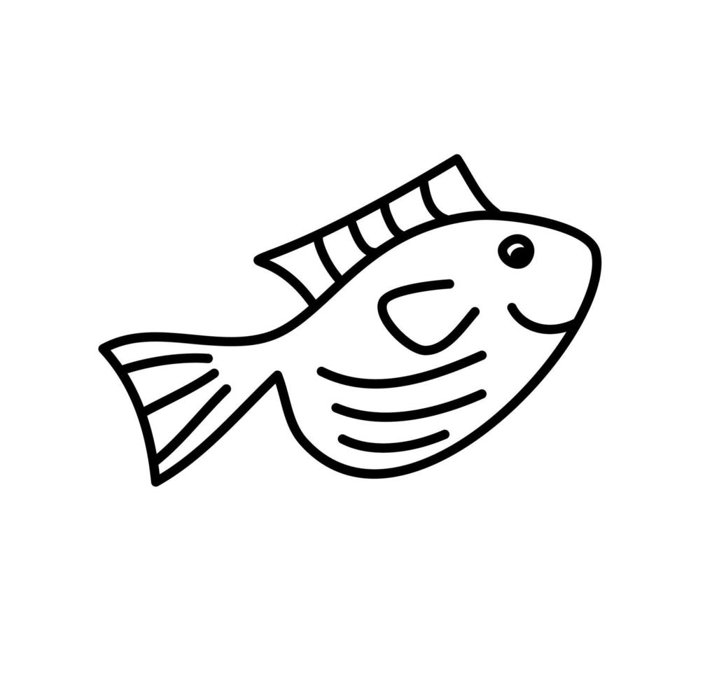 Vektor handgezeichneter Doodle-Fisch im skandinavischen Monoline-Stil. bild für etikett, websymbol, postkartendekoration. fröhliches, kindisches, süßes Meeresthema