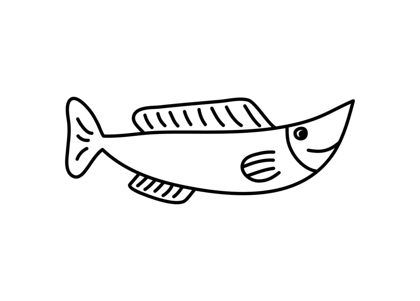 Vektor handgezeichneter Doodle-Fisch im skandinavischen Monoline-Stil. bild für etikett, websymbol, postkartendekoration. fröhliches, kindisches, süßes Meeresthema