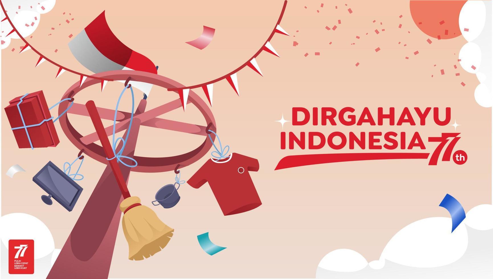 indonesien unabhängigkeitstag 17. august mit traditioneller spielkonzeptillustration. 77 Tahun Kemerdekaan Indonesien bedeutet 77 Jahre Unabhängigkeitstag Indonesiens vektor
