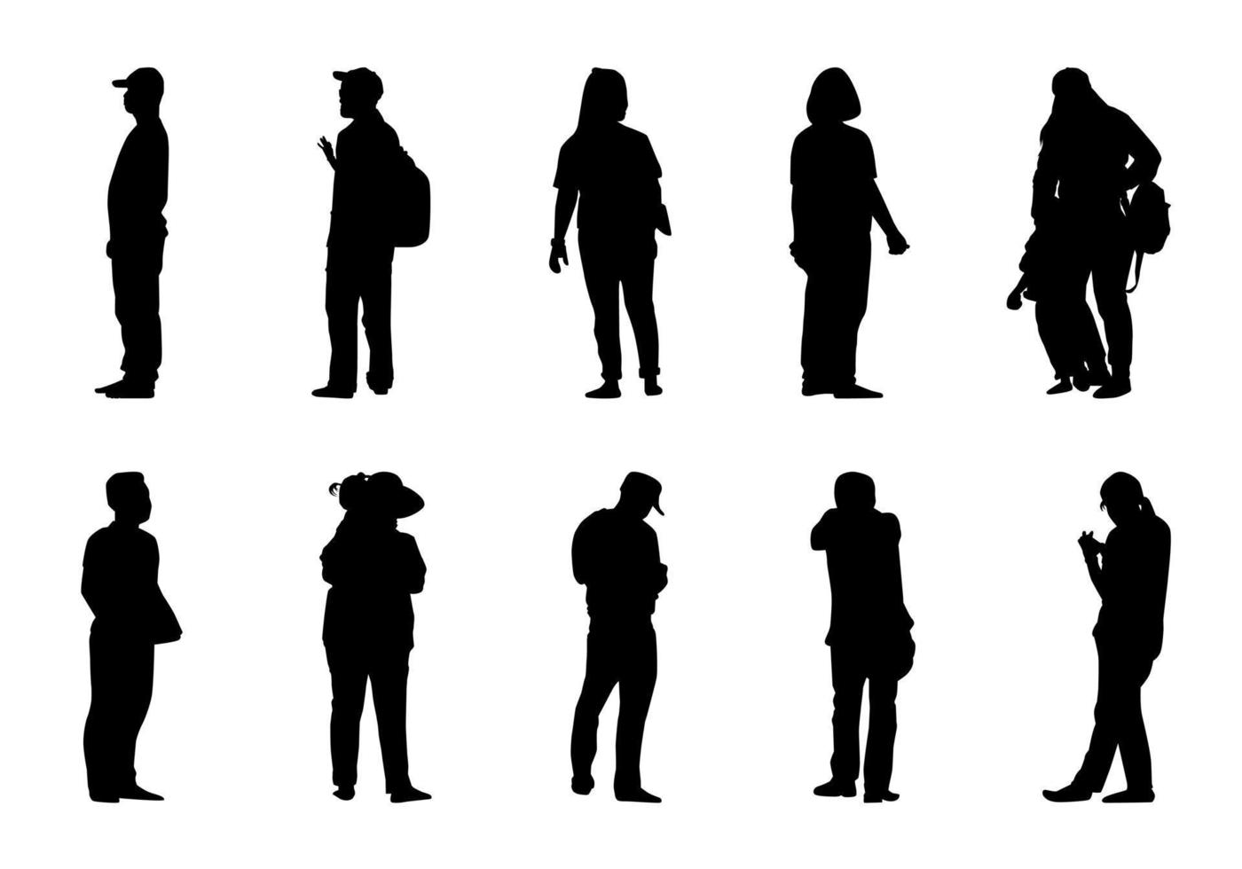 Menschen Silhouette stehen auf weißem Hintergrund, Lifestyle-Männer und Frauen-Vektor-Set, Schatten unterschiedlicher menschlicher Illustration vektor
