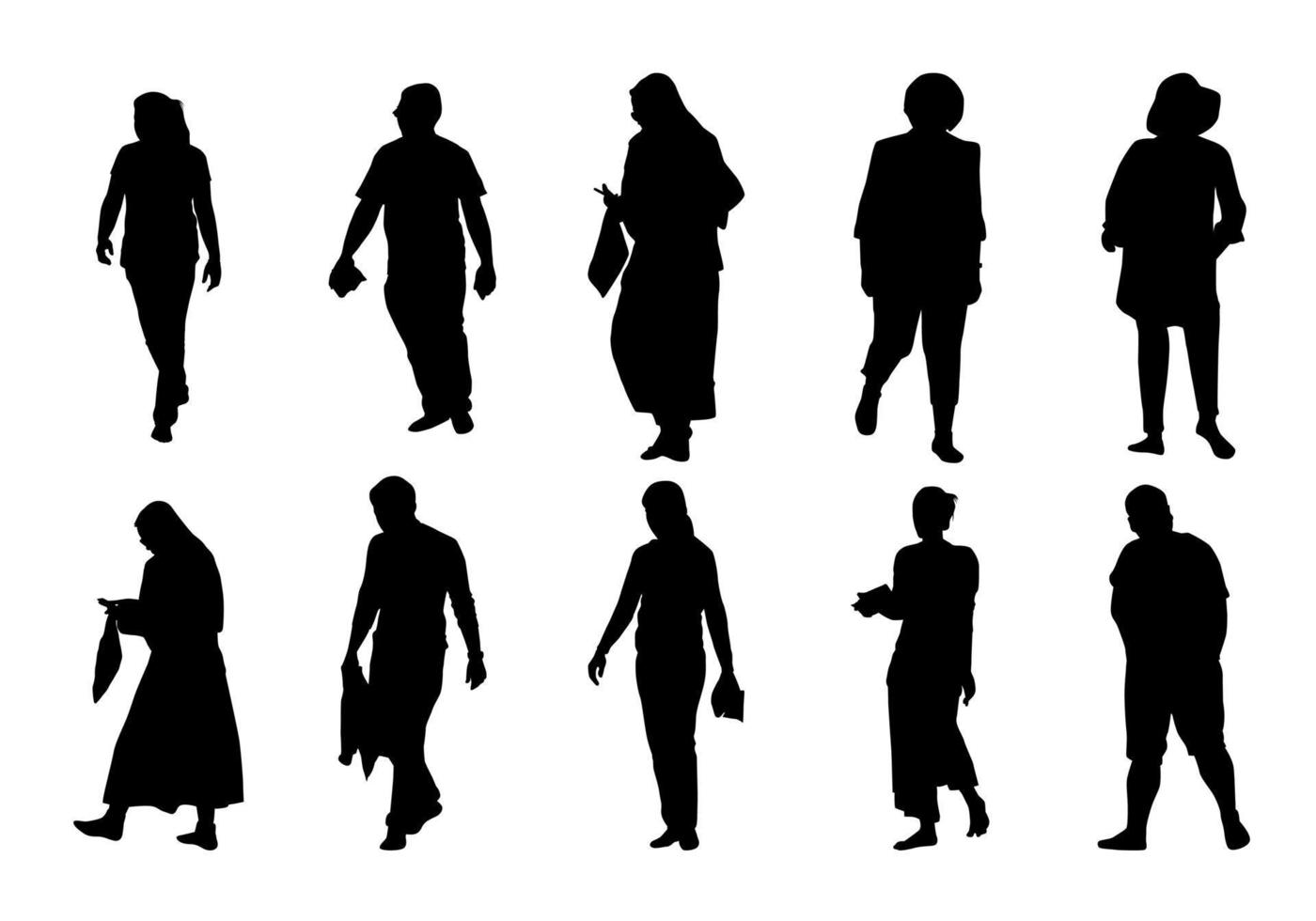 människor silhouette walking set, grupp skugga olika män och kvinnor vektor
