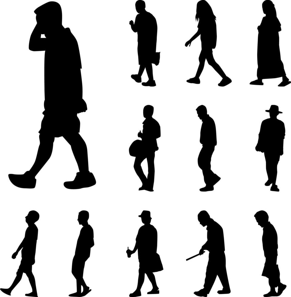 mann und frauen gehen silhouetten vektorset, symbol menschen promenade auf weißem hintergrund vektor