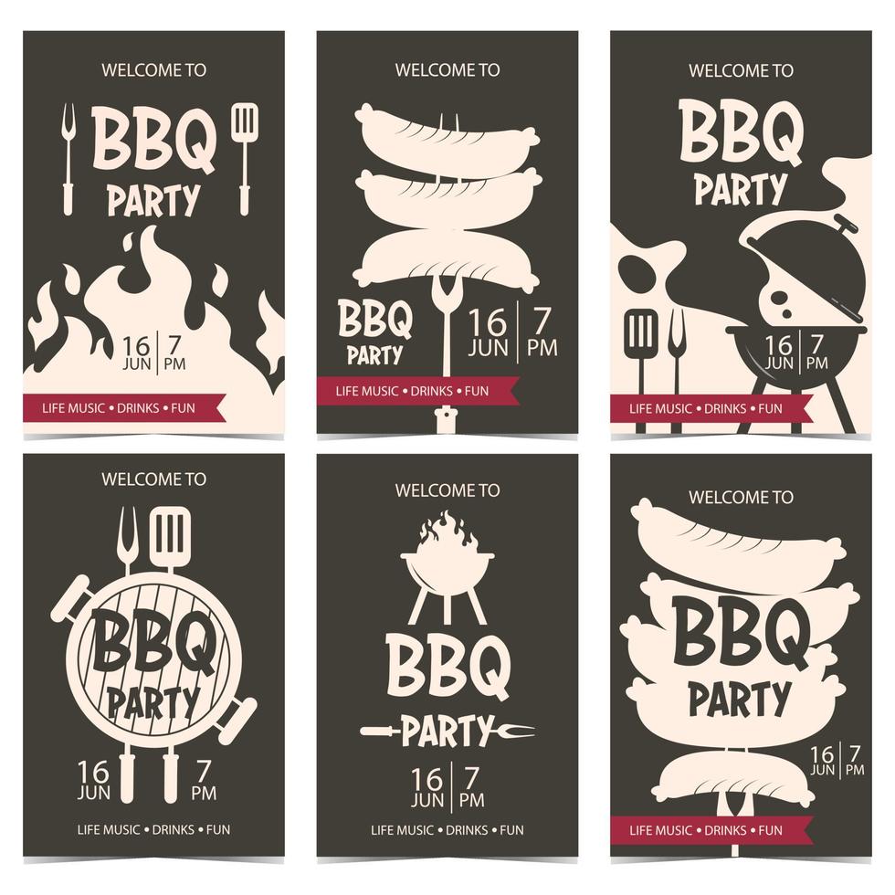 Grillparty-Banner oder Einladung zum Cookout-Picknick, Urlaub oder Wochenende. bbq-partyplakat oder flyer in den farben beige, schwarz und rot mit grillfleisch, würstchen auf einer gabel, flamme, holzkohlerauch. vektor