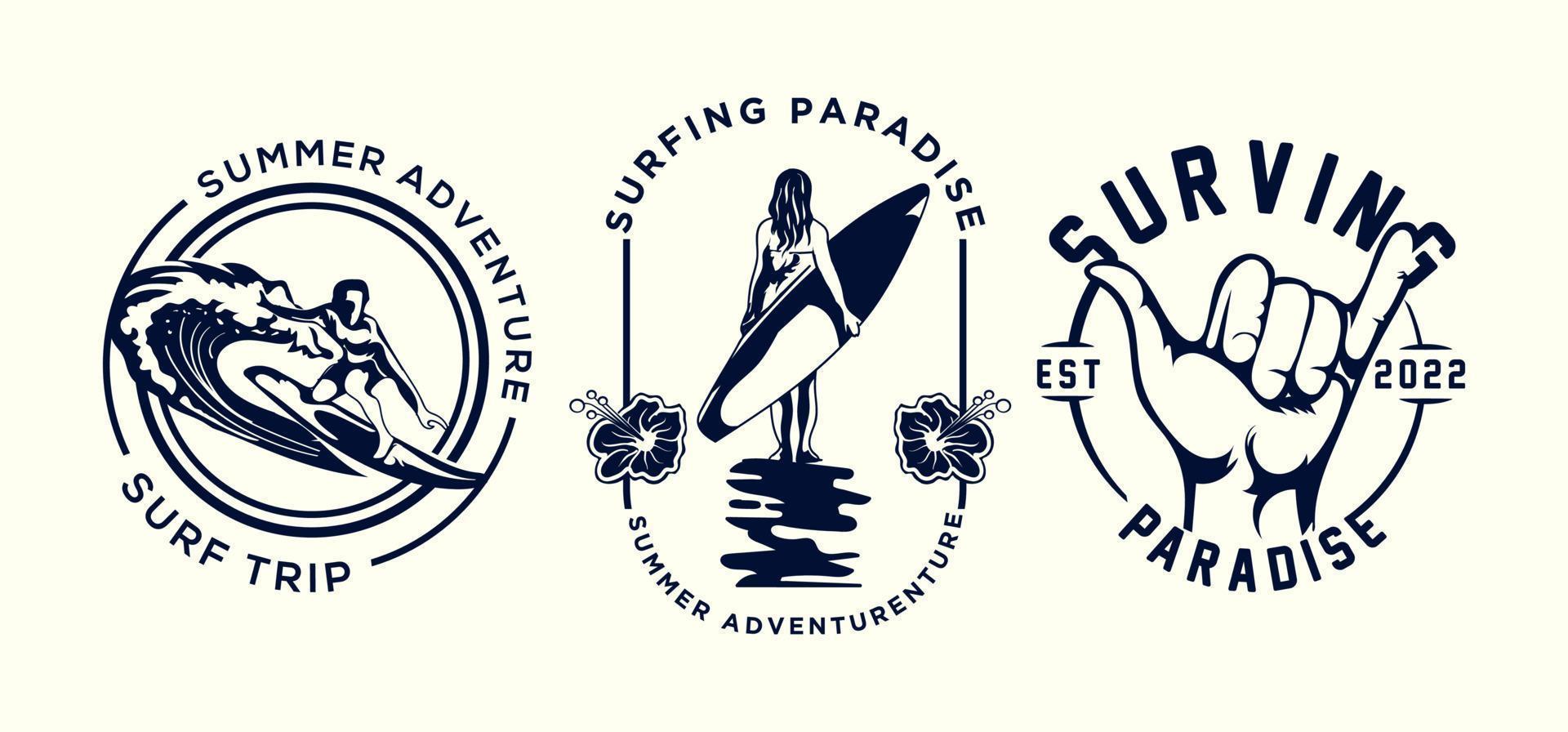 vintage surfing logotyp monokrom uppsättning vektor