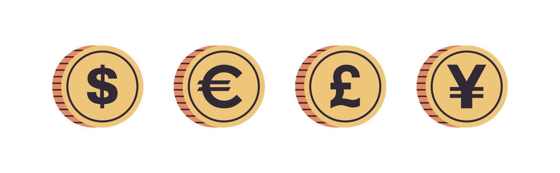 Münzen der internationalen Währung und Dollar, Euro, Pfund, Yen auf weißem Hintergrund horizontale flache Vektorillustration in voller Länge. vektor