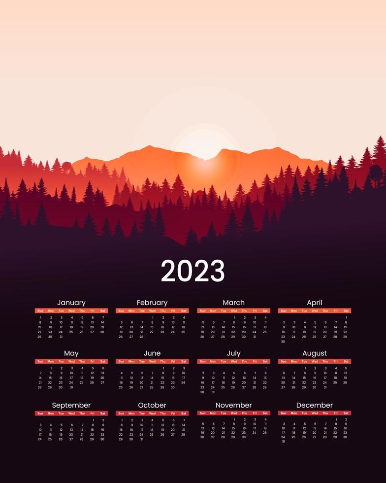 Poster eines Kalenders für das Jahr 2023. bergwaldlandschaftssilhouette, sonnenuntergang oder sonnenaufgang im wald. reisekonzept monatsplaner vorlage. druckbare Gestaltung. Tagesablauf fürs Büro. vektor