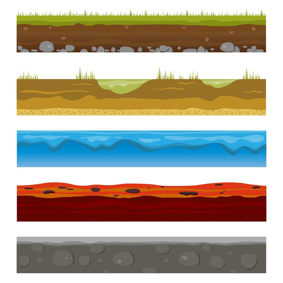nahtlose Erdoberfläche. grüne graslandlandschaft, sandwüste und meerwasserstrand. Bodenschichten Textur für Game-Level-Design, isolierter Cartoon-Vektor-Stoffsatz. vektor