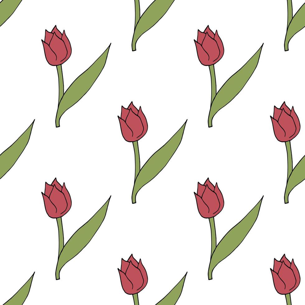 Nahtloses Muster mit niedlichen hellrosa Tulpen auf weißem Hintergrund. Vektorbild. vektor